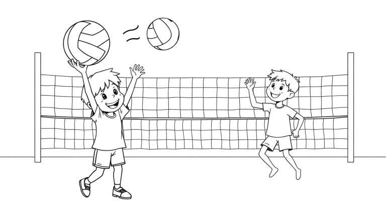 Desenho de contorno de duas crianças jogando vôlei em uma quadra, com a rede no centro e bolas no ar.