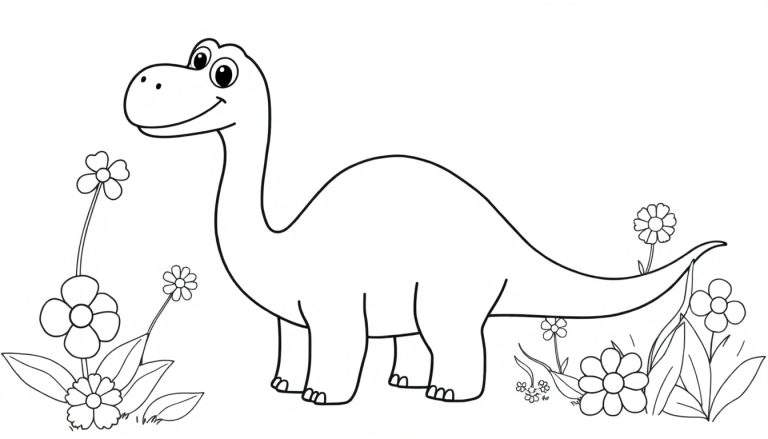 Desenho em preto e branco de um dinossauro de pescoço comprido sorrindo, com flores coloridas ao redor, pronto para ser pintado.