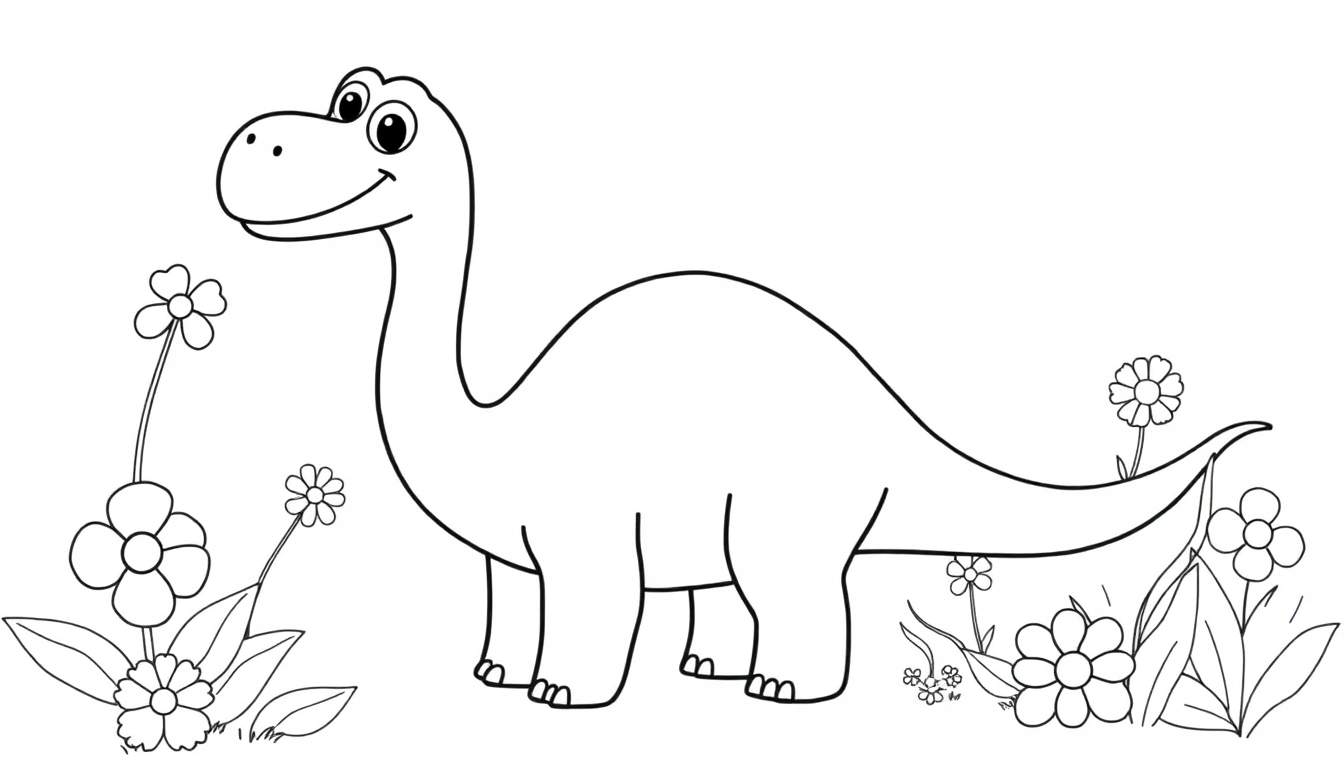 Desenho em preto e branco de um dinossauro de pescoço comprido sorrindo, com flores coloridas ao redor, pronto para ser pintado.