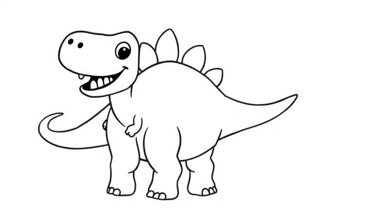 Desenho em preto e branco de um dinossauro amigável sorrindo, com espinhos nas costas, para colorir.