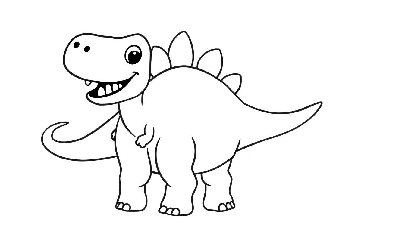 Desenho em preto e branco de um dinossauro amigável sorrindo, com espinhos nas costas, para colorir.