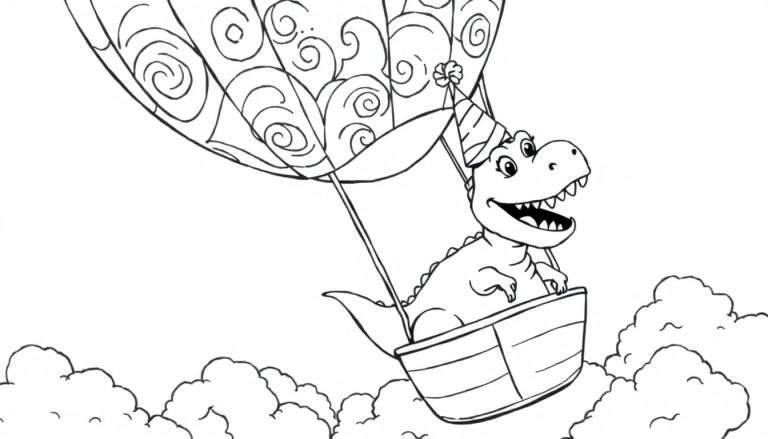 Desenho a preto e branco de um dinossauro feliz com chapéu de festa num balão de ar quente rodeado de nuvens.