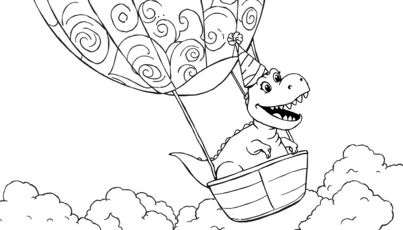Desenho a preto e branco de um dinossauro feliz com chapéu de festa num balão de ar quente rodeado de nuvens.