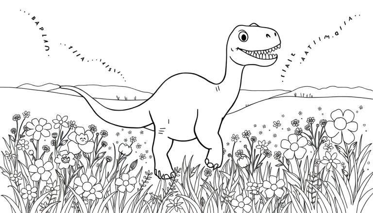 Desenho em preto e branco de um dinossauro sorridente com um pescoço longo, em pé em um campo florido com colinas ao fundo. Letras flutuam no céu.