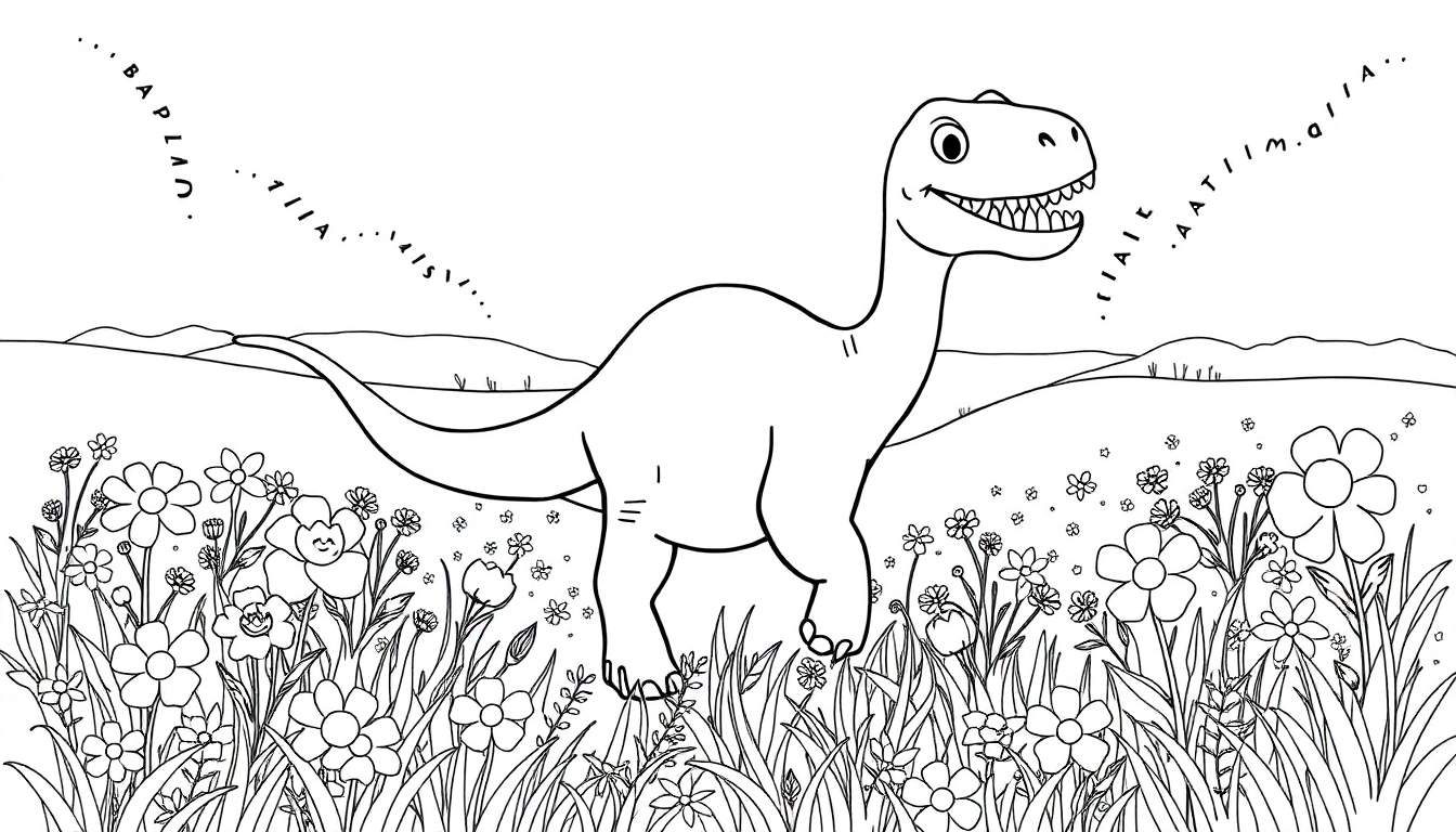 Desenho em preto e branco de um dinossauro sorridente com um pescoço longo, em pé em um campo florido com colinas ao fundo. Letras flutuam no céu.