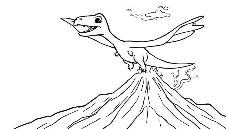 Página para colorir de um dinossauro voador estilizado em desenho animado, voando sobre um vulcão em erupção com fumo e cinzas, e nuvens no céu. Linhas pretas grossas.