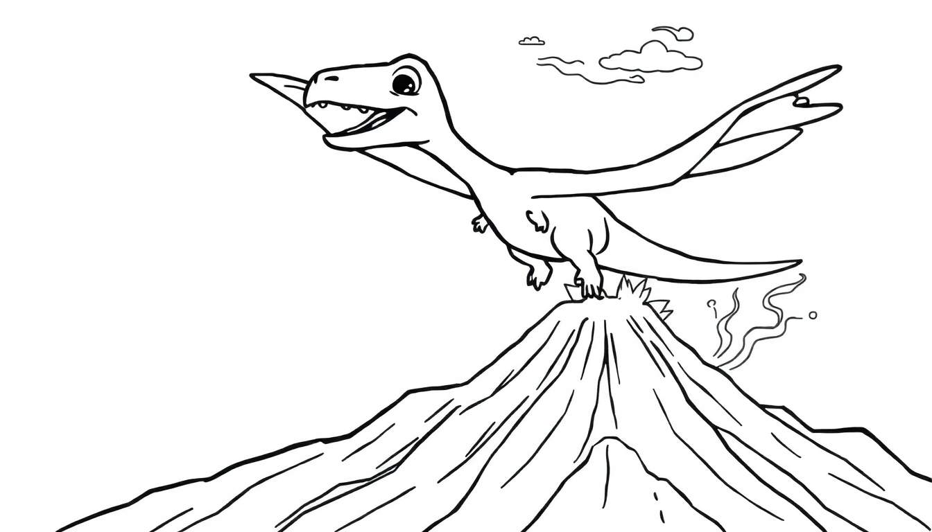 Página para colorir de um dinossauro voador estilizado em desenho animado, voando sobre um vulcão em erupção com fumo e cinzas, e nuvens no céu. Linhas pretas grossas.