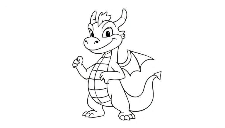 Desenho a preto e branco de um dragão jovem e sorridente em pé com as asas abertas, a fazer um sinal de positivo com uma pata.