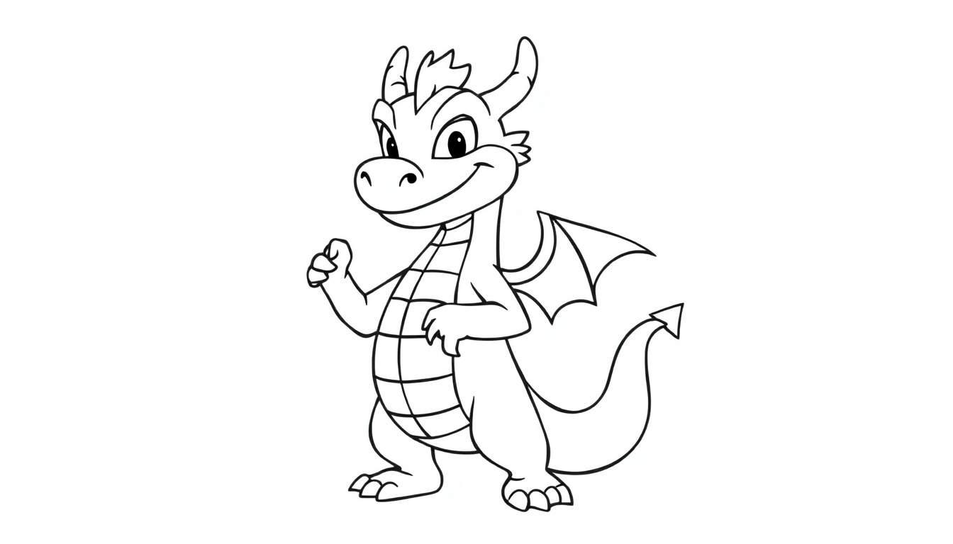 Desenho a preto e branco de um dragão jovem e sorridente em pé com as asas abertas, a fazer um sinal de positivo com uma pata.