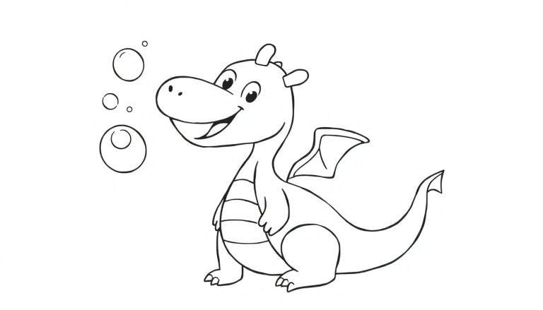 Desenho a preto e branco de um dragão de desenho animado feliz soprando bolhas de sabão