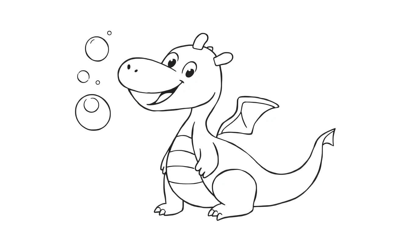 Desenho a preto e branco de um dragão de desenho animado feliz soprando bolhas de sabão