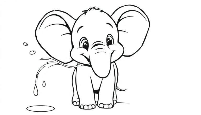 Desenho a preto e branco de um elefante bebé a espirrar água pela tromba, rodeado de gotas e com uma pequena poça.