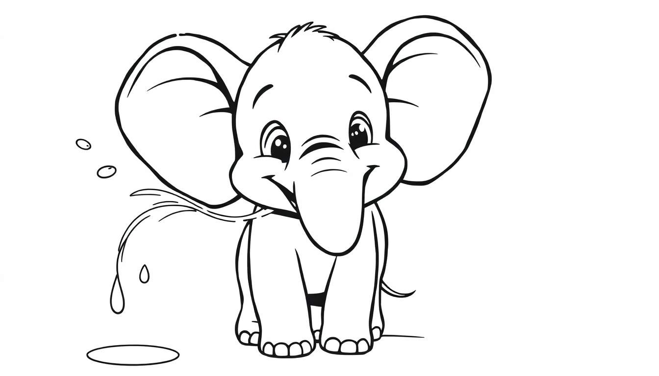 Desenho a preto e branco de um elefante bebé a espirrar água pela tromba, rodeado de gotas e com uma pequena poça.
