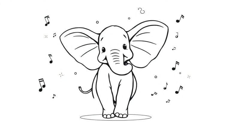 Página para colorir de um elefante de desenho animado feliz a cantar, rodeado de notas musicais e círculos.