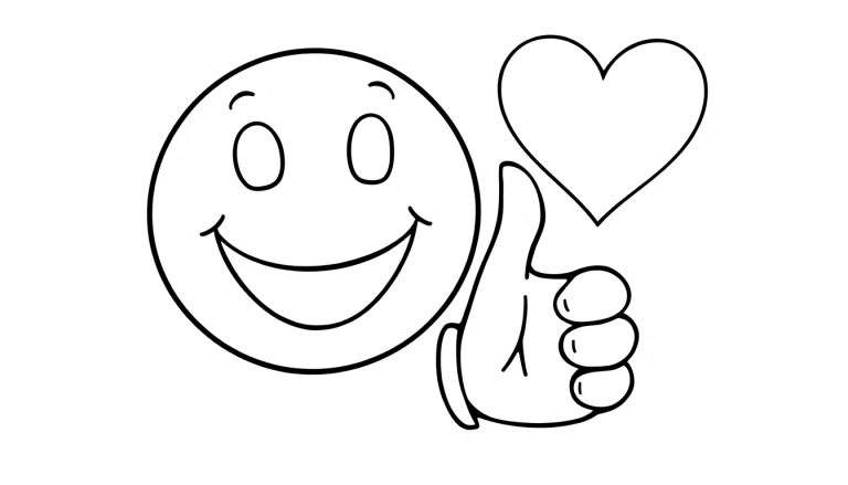 Desenho para colorir de um emoji sorridente com polegar para cima e um coração.