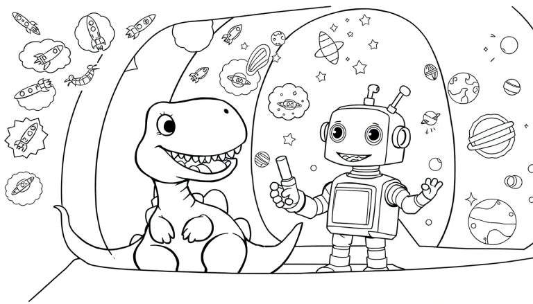 Desenho a preto e branco de um dinossauro T-Rex sorridente e um robô sorridente em cena espacial com planetas, estrelas e foguetes.
