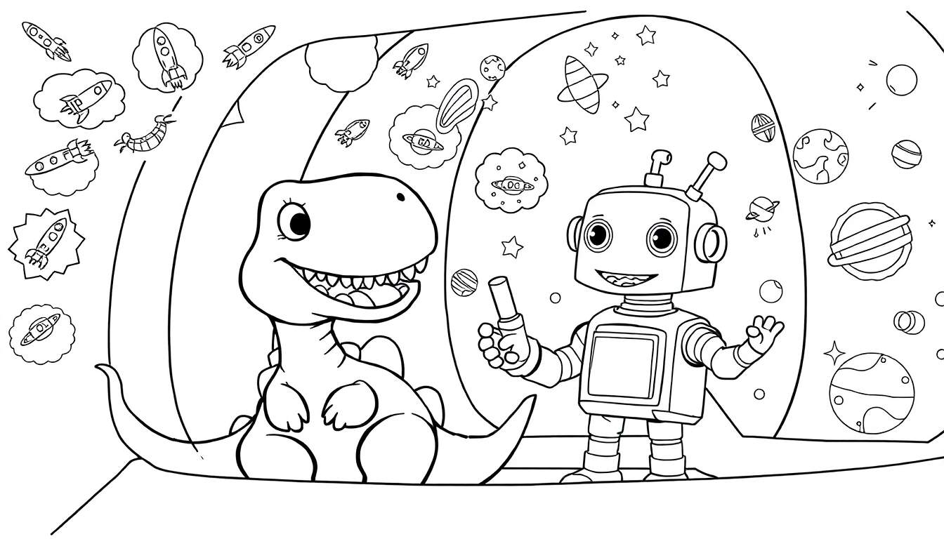 Desenho a preto e branco de um dinossauro T-Rex sorridente e um robô sorridente em cena espacial com planetas, estrelas e foguetes.