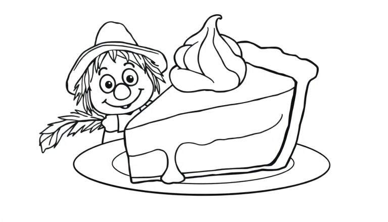 Desenho a preto e branco de um espantalho sorridente com chapéu de palha ao lado de uma fatia de torta com chantilly numa travessa.