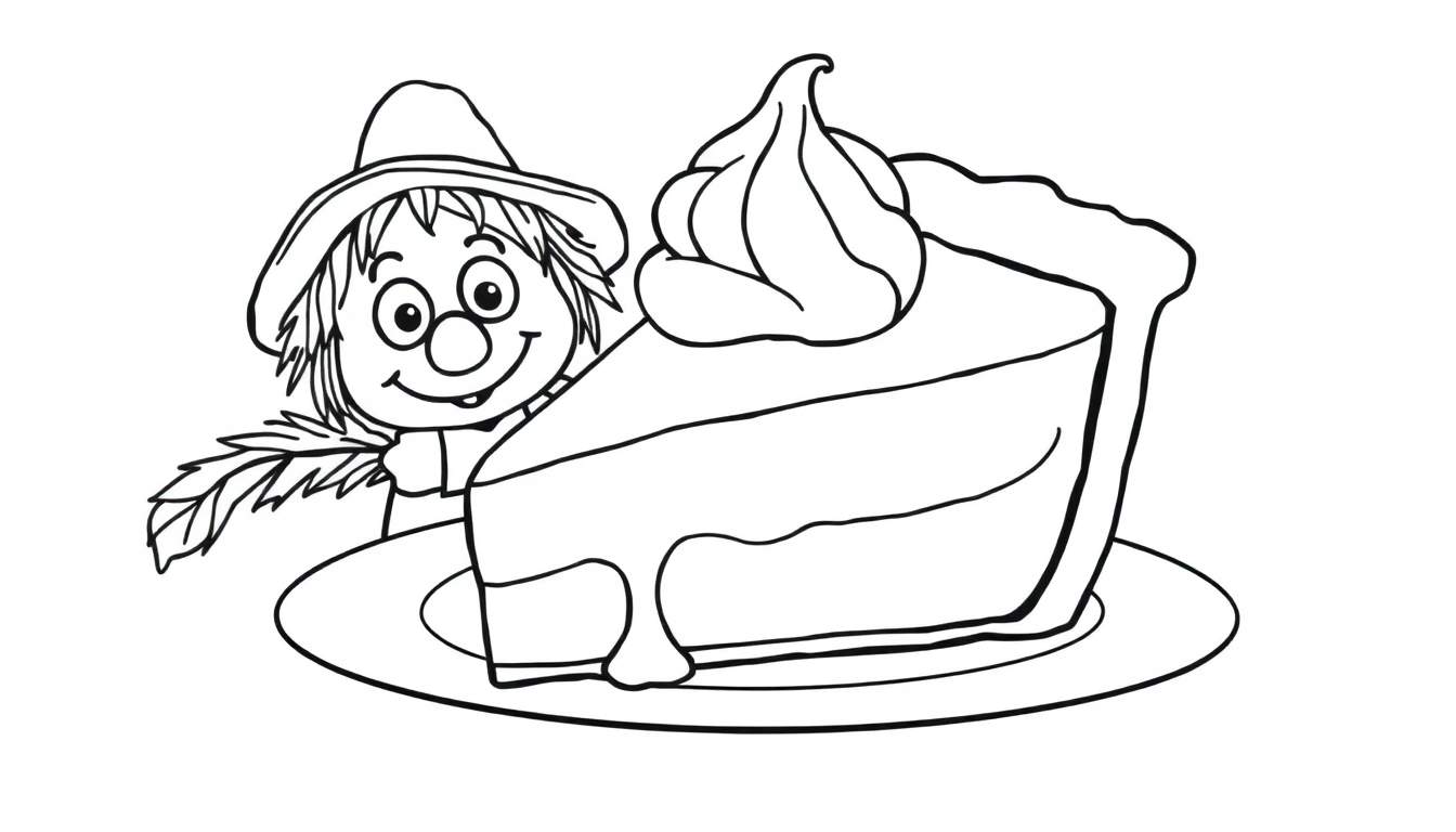 Desenho a preto e branco de um espantalho sorridente com chapéu de palha ao lado de uma fatia de torta com chantilly numa travessa.