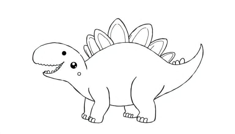 Página para colorir de um dinossauro Estegossauro simpático com cristas nas costas e dentes à mostra.