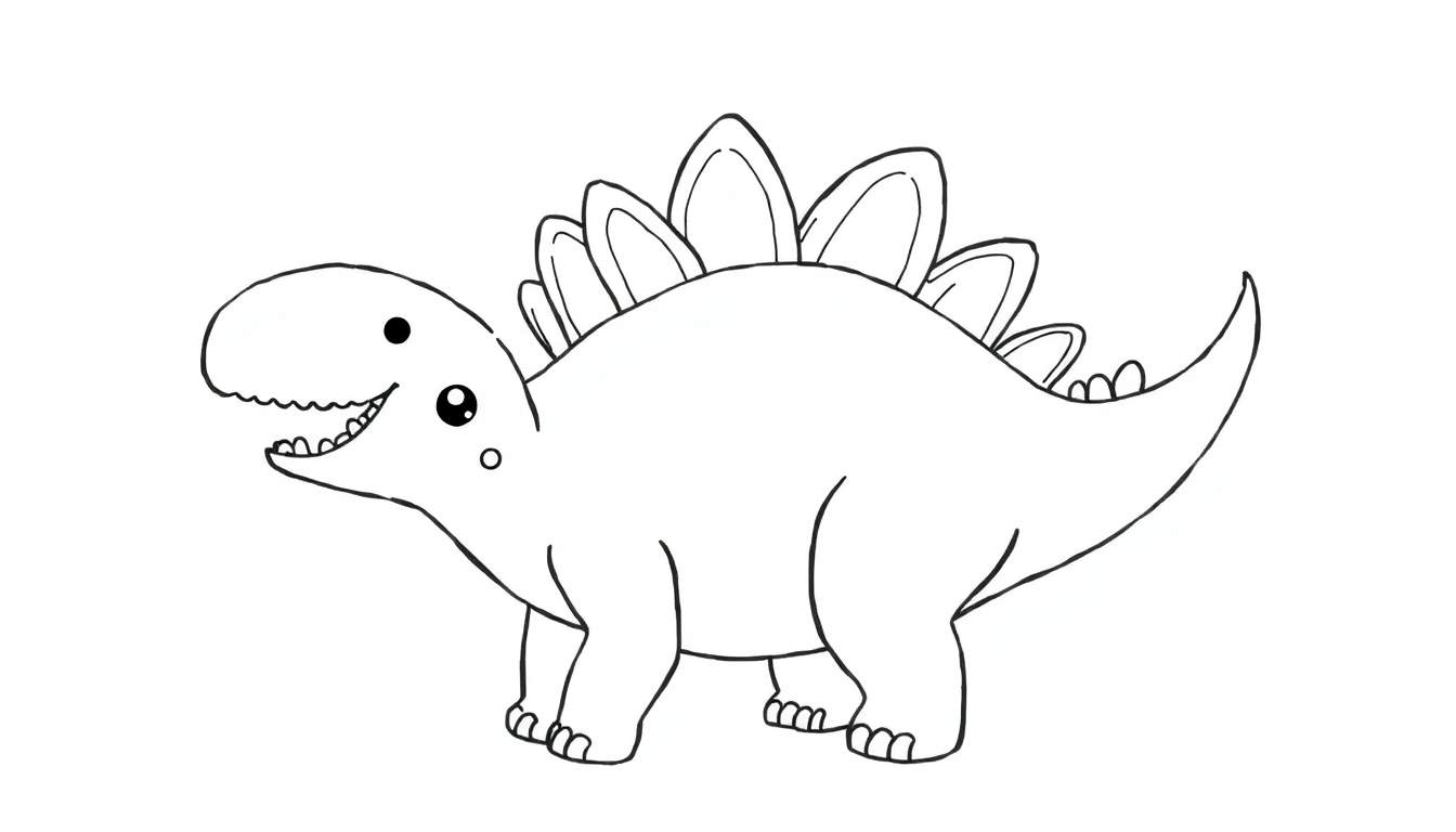 Página para colorir de um dinossauro Estegossauro simpático com cristas nas costas e dentes à mostra.