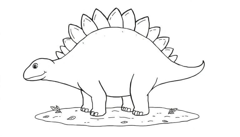 Página para colorir de estegossauro, com contornos pretos de um dinossauro com placas nas costas e uma cauda pontiaguda, sobre um fundo simples de terra e folhas.