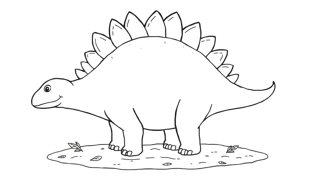 Página para colorir de estegossauro, com contornos pretos de um dinossauro com placas nas costas e uma cauda pontiaguda, sobre um fundo simples de terra e folhas.