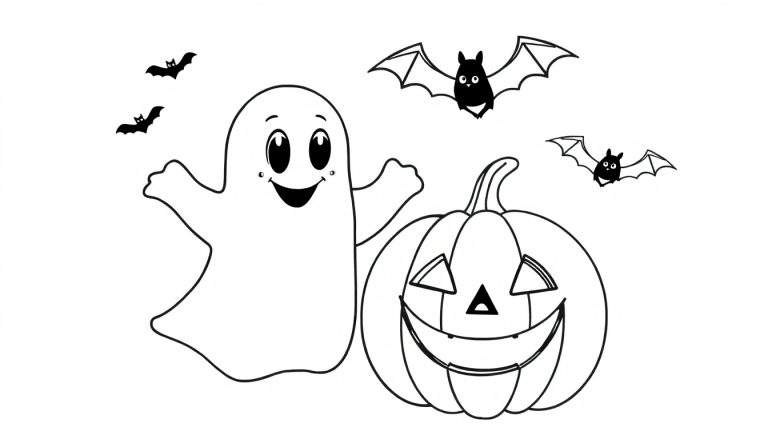 Página para colorir com fantasma amigável e abóbora de Halloween