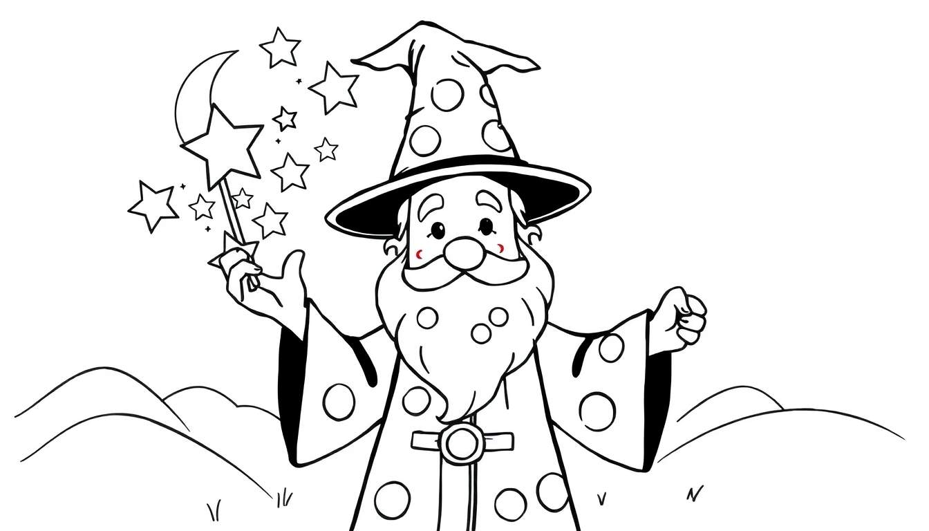 Desenho a preto e branco de um feiticeiro com chapéu pontudo, manto e barba a segurar uma varinha mágica.