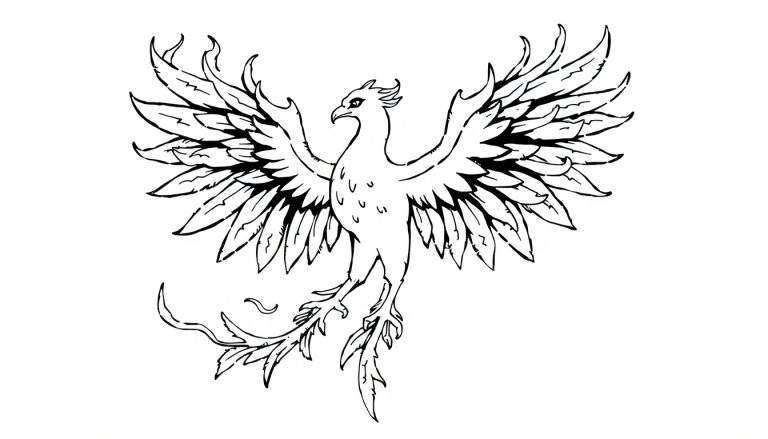 Página para colorir de uma fênix poderosa em voo, com asas abertas e detalhes em chamas.