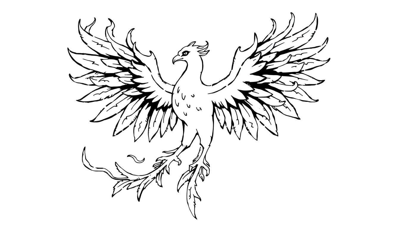 Página para colorir de uma fênix poderosa em voo, com asas abertas e detalhes em chamas.