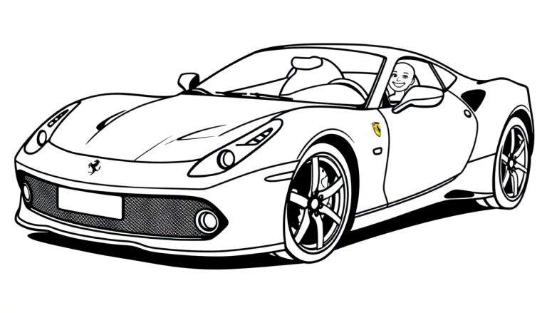 Página para colorir de um carro desportivo Ferrari vermelho com um condutor sorridente ao volante.