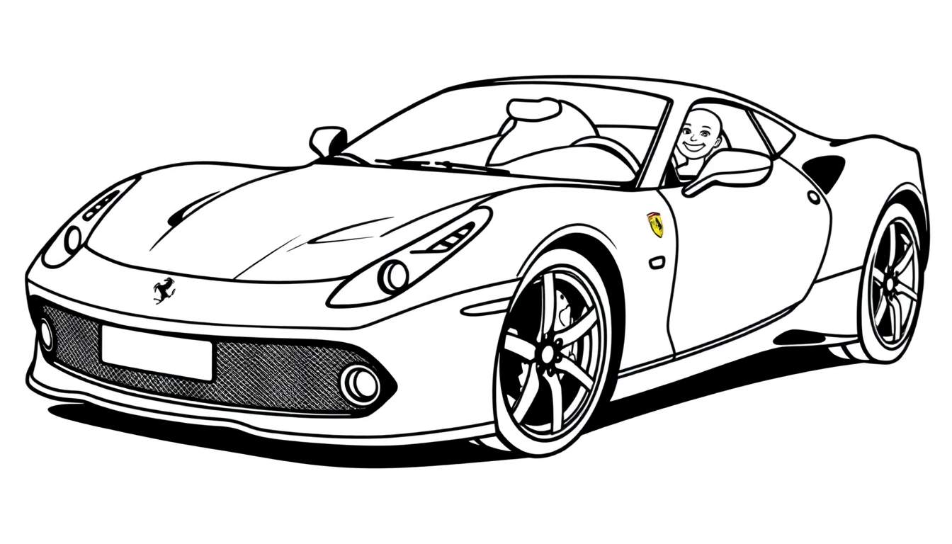 Página para colorir de um carro desportivo Ferrari vermelho com um condutor sorridente ao volante.