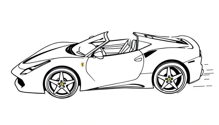 Desenho para colorir de um carro desportivo Ferrari conversível em movimento, com rodas desportivas e emblema da marca.
