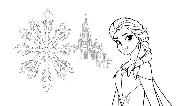 Desenho a preto e branco para colorir de um floco de neve, um castelo e uma menina sorridente.