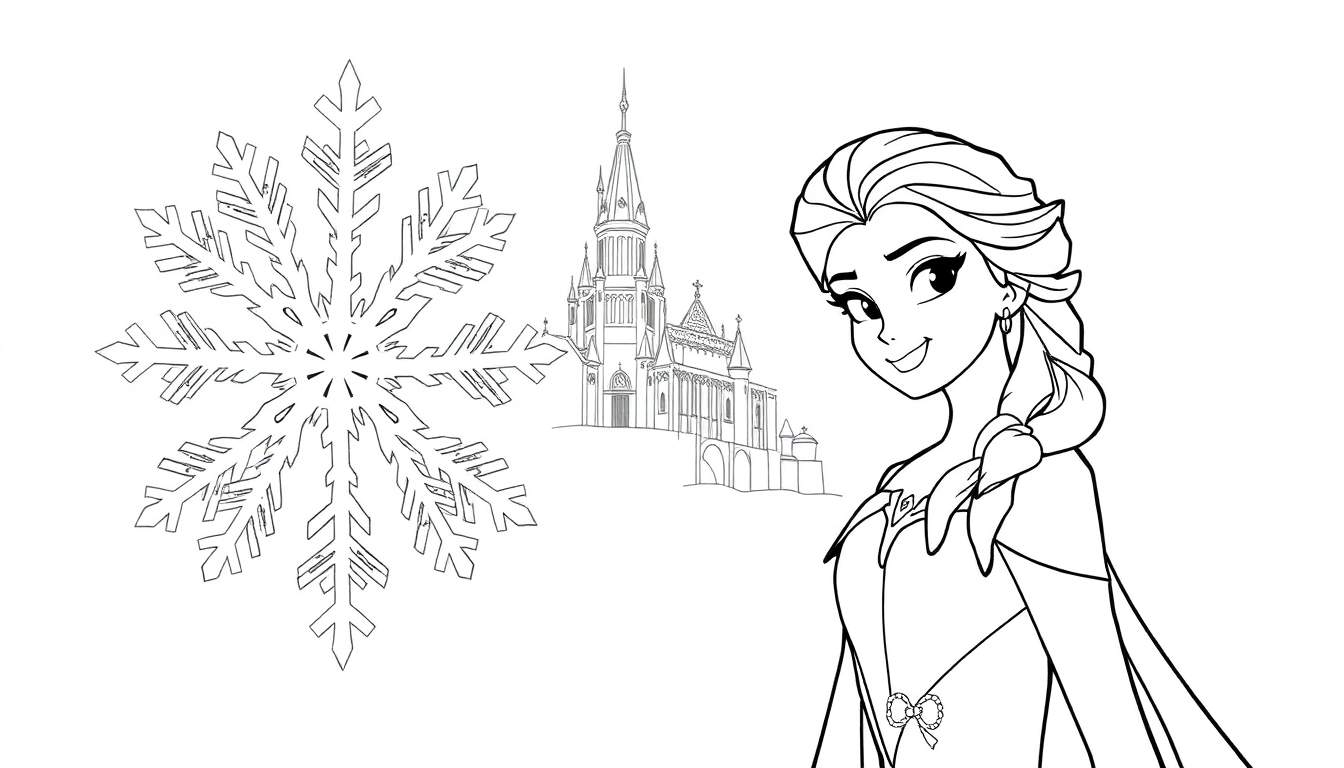 Desenho a preto e branco para colorir de um floco de neve, um castelo e uma menina sorridente.