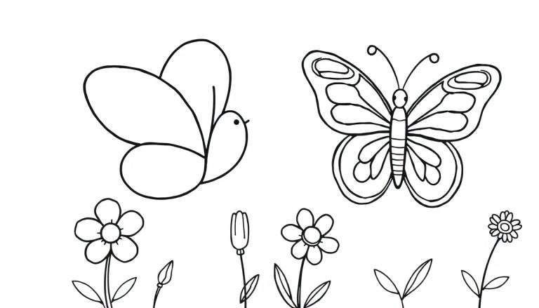 Página para colorir em preto e branco com várias flores e duas borboletas.