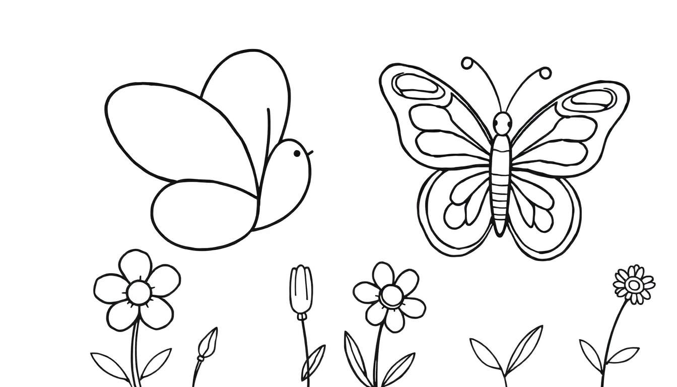 Página para colorir em preto e branco com várias flores e duas borboletas.