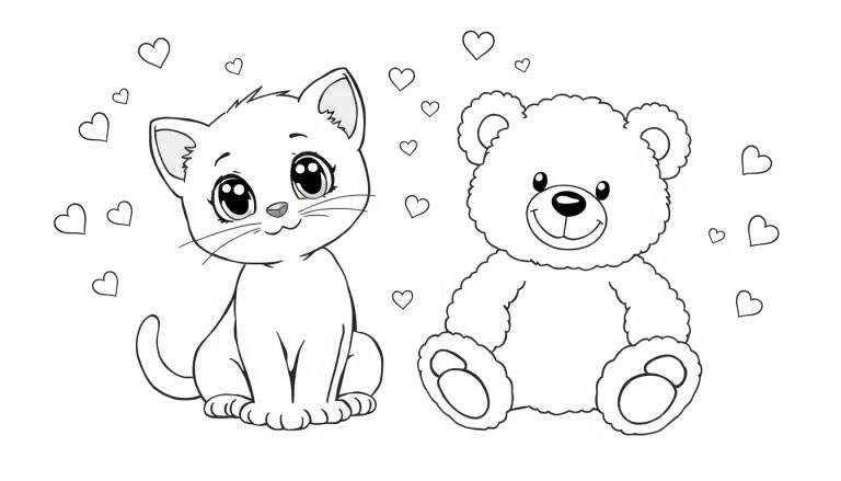 Página para colorir com um gato de cartoon e um urso de peluche a sorrir, rodeados por corações flutuantes e a cair.