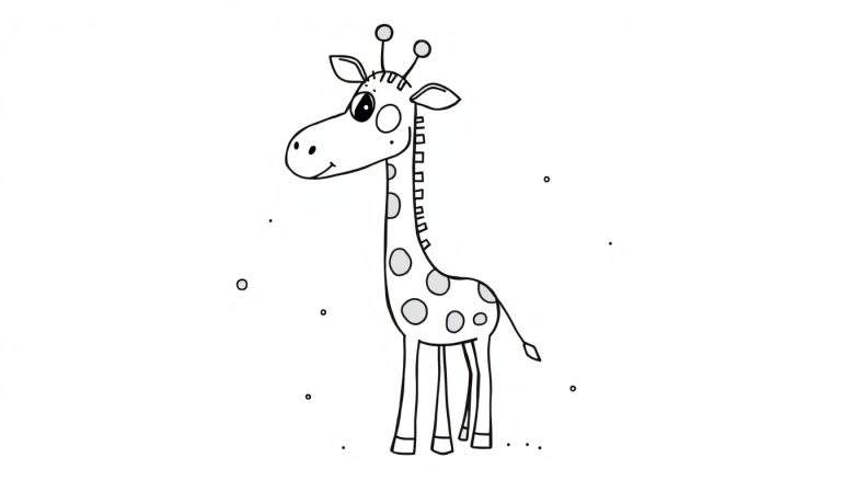 Desenho de uma girafa para colorir, com pescoço comprido, manchas e um sorriso, rodeada de bolhas.