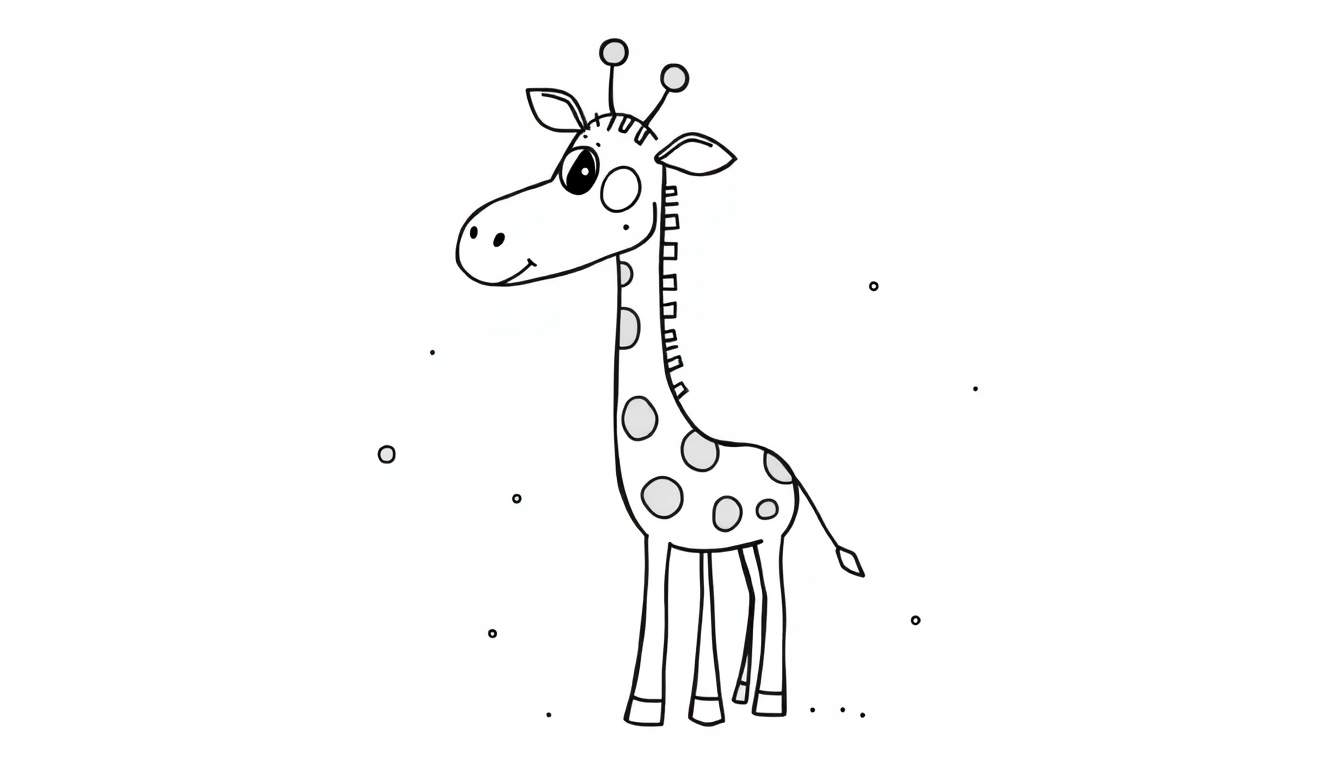 Desenho de uma girafa para colorir, com pescoço comprido, manchas e um sorriso, rodeada de bolhas.