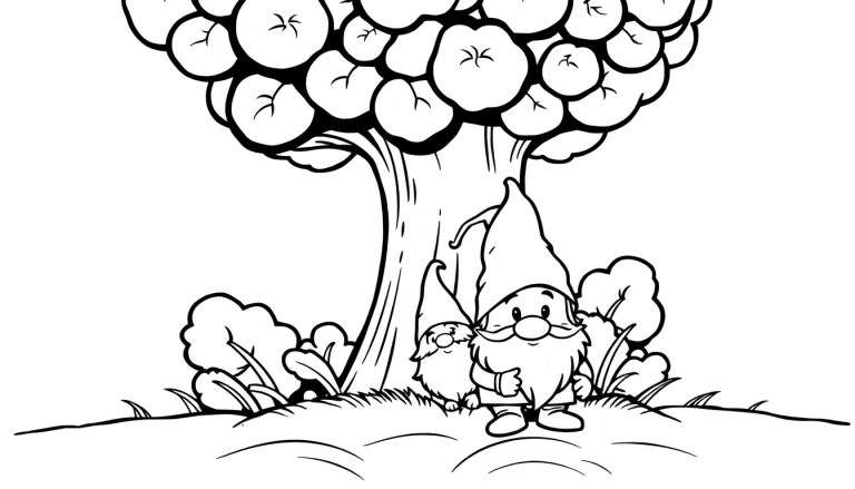 Página para colorir de dois gnomos sentados sob uma árvore grande com chapéus pontudos e barba.