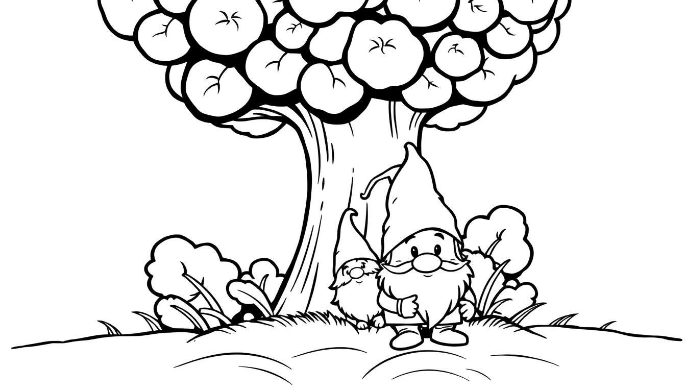 Página para colorir de dois gnomos sentados sob uma árvore grande com chapéus pontudos e barba.