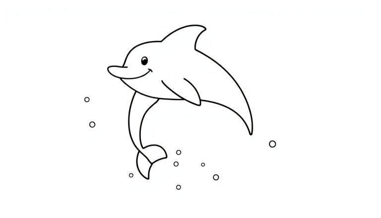 Desenho a preto e branco de um golfinho a nadar e a fazer bolhas de água, pronto para ser colorido.