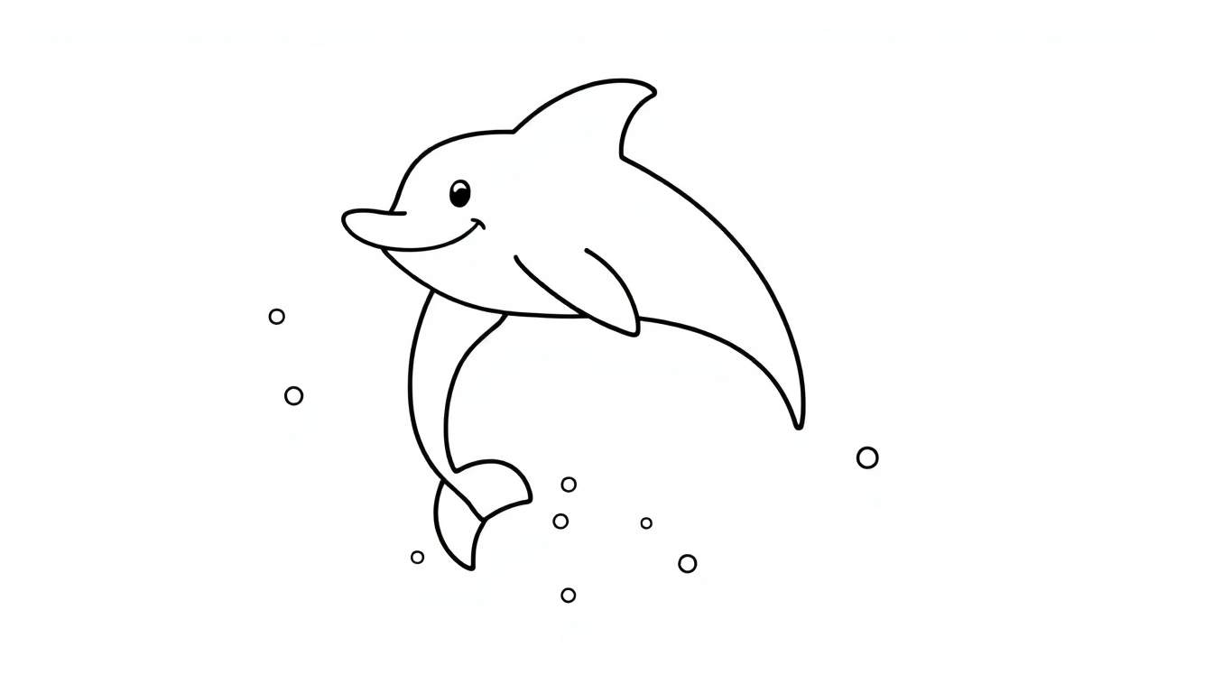 Desenho a preto e branco de um golfinho a nadar e a fazer bolhas de água, pronto para ser colorido.