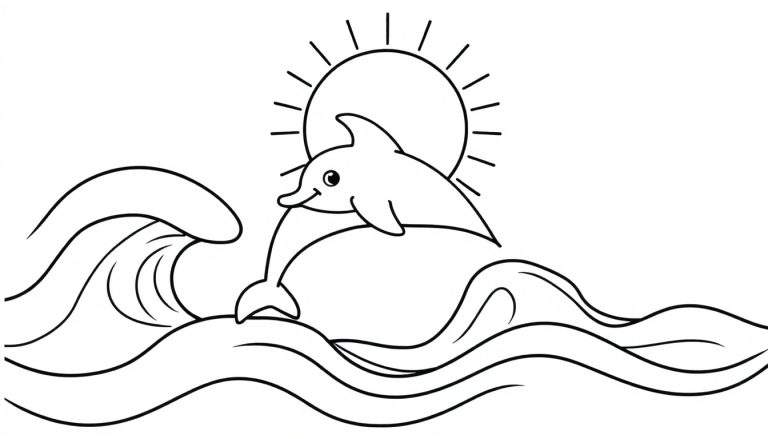 Página para colorir de um golfinho feliz a saltar sobre ondas com o sol a nascer.