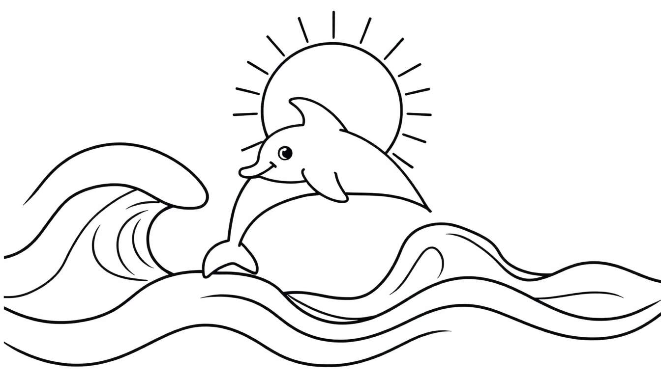 Página para colorir de um golfinho feliz a saltar sobre ondas com o sol a nascer.