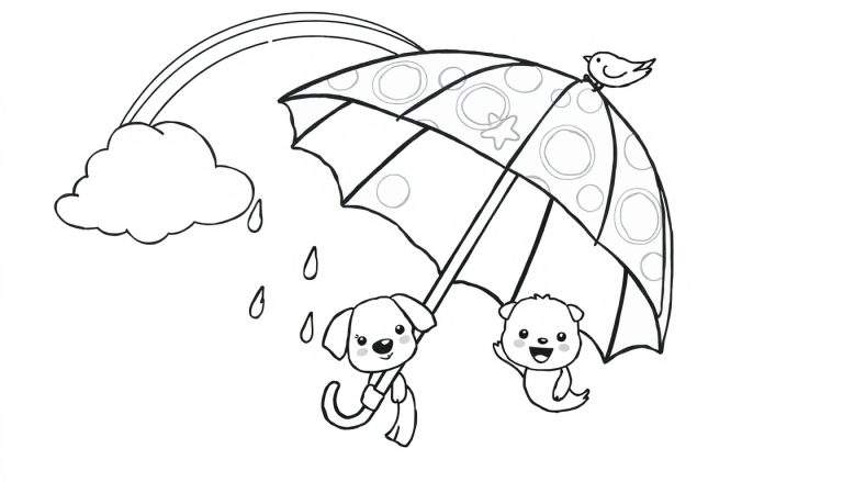 Página para colorir de um guarda-chuva com cão, urso e pássaro, sob um arco-íris e nuvem com chuva.