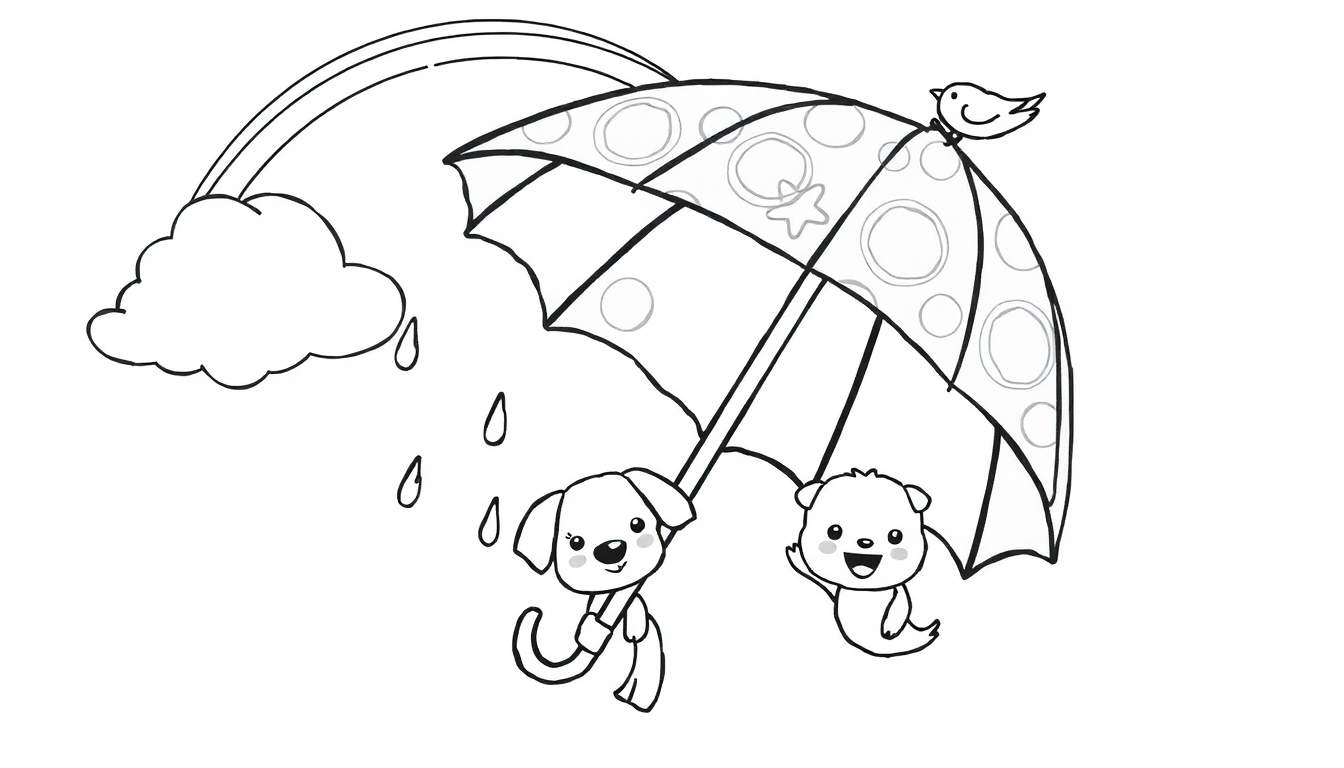 Página para colorir de um guarda-chuva com cão, urso e pássaro, sob um arco-íris e nuvem com chuva.