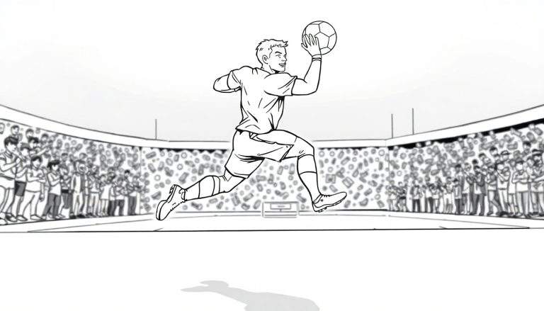 Desenho a traço de um guarda-redes de futebol a saltar com a bola nas mãos e um sorriso, com uma multidão de espectadores num estádio atrás.